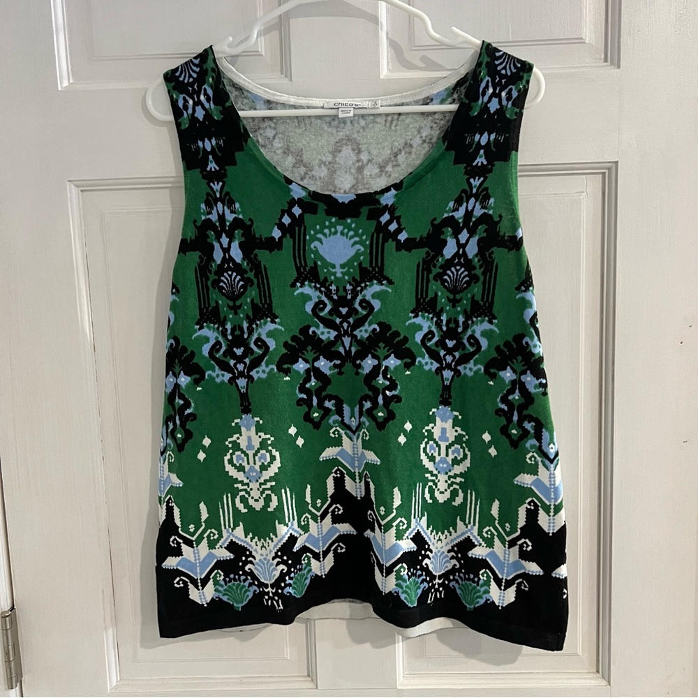 NWT Chicos tank top womens L green geometric design vacation travel cruise
